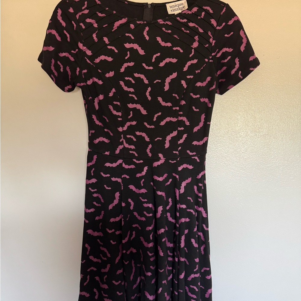 Unique Vintage Black & Purple Bats Short Sleeve Flare Dress